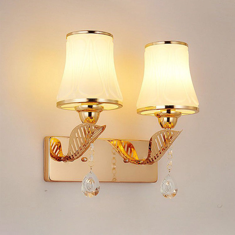 Bell Wall Mounted Light Modernist Opal Glass 2-Head Gold Wall Lighting with Crystal Drop Clearhalo 'Cast Iron' 'Glass' 'Industrial' 'Modern wall lights' 'Modern' 'Tiffany' 'Traditional wall lights' 'Wall Lamps & Sconces' 'Wall Lights' Lighting' 1724277