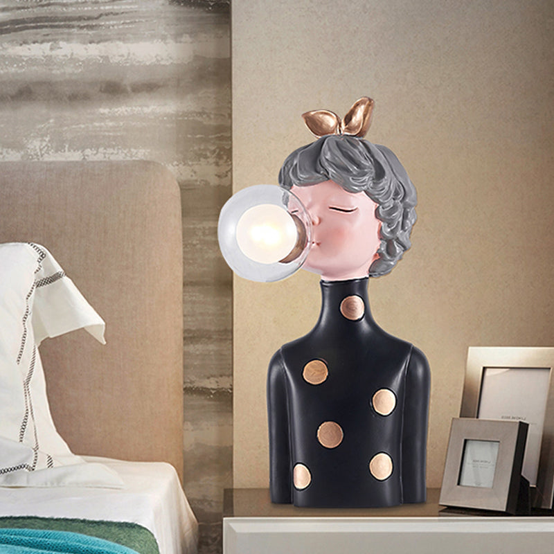 Blowing Bubble Girl Resin Desk Light Cartoon 1 Bulb Black Night Lamp with Clear/Blue/Green Glass Shade Clearhalo 'Lamps' 'Table Lamps' Lighting' 1724310