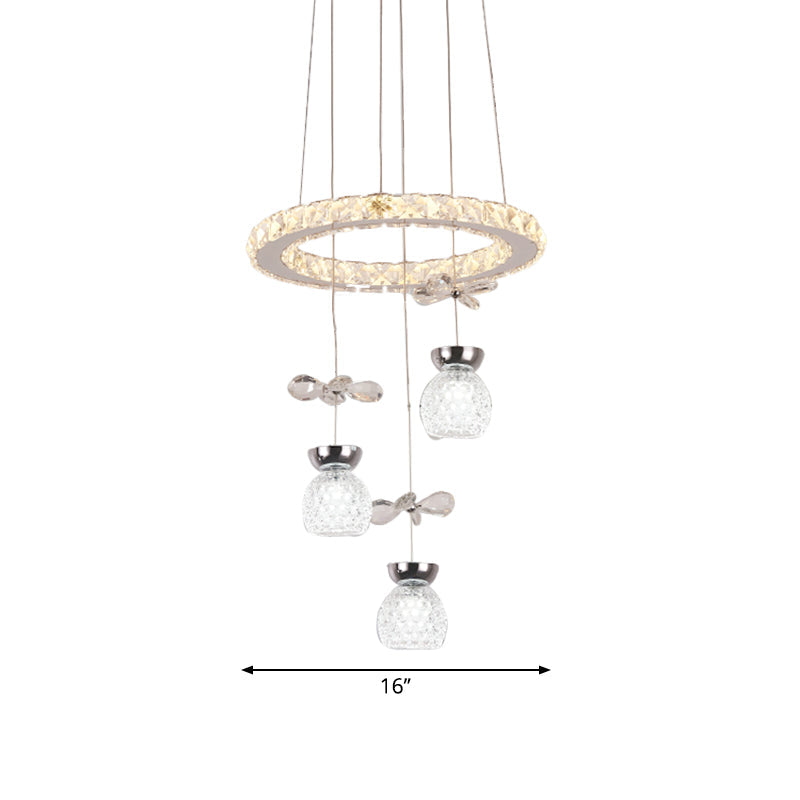 K9 Crystal Global Chandelier Lamp Modern 3/5 Bulbs Ceiling Pendant with Hoop Design in Chrome Clearhalo 'Ceiling Lights' 'Chandeliers' 'Glass shade' 'Glass' 'Modern Chandeliers' 'Modern' 'Pendant Lights' Lighting' 1724409