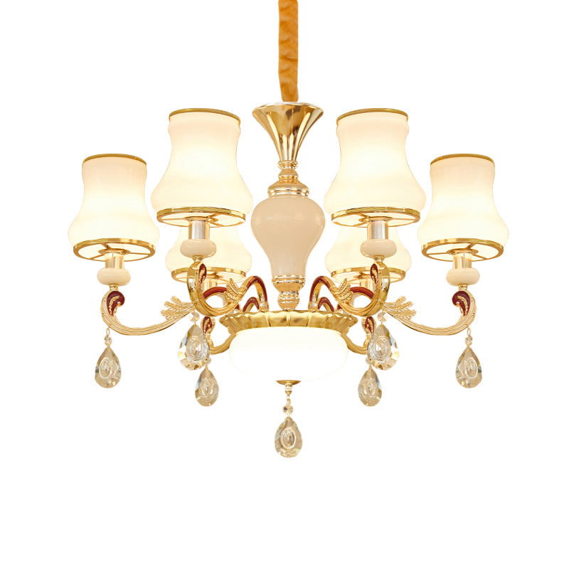 Opal Glass Curved Cone Chandelier Light Contemporary 3/6 Bulbs Gold Drop Pendant with Crystal Drop Deco Clearhalo 'Ceiling Lights' 'Chandeliers' 'Modern Chandeliers' 'Modern' Lighting' 1724473