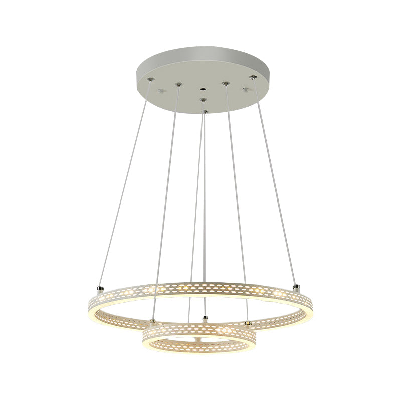 2-Tier Hoop Dining Room Down Lighting Metallic LED Minimalist Pendant Chandelier in White Clearhalo 'Ceiling Lights' 'Chandeliers' 'Modern Chandeliers' 'Modern' Lighting' 1724590