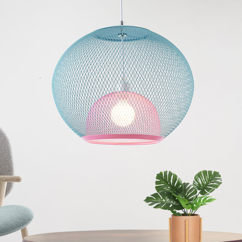 Global Mesh Restaurant Pendant Light Metallic 1-Bulb Macaron Ceiling Hang Fixture in Pink/Yellow/Blue Blue Clearhalo 'Ceiling Lights' 'Pendant Lights' 'Pendants' Lighting' 1724663_3360fddc-5b44-41b2-b63d-09bad7592449