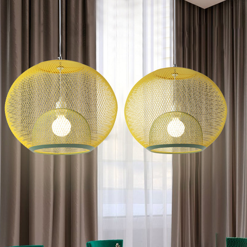 Global Mesh Restaurant Pendant Light Metallic 1-Bulb Macaron Ceiling Hang Fixture in Pink/Yellow/Blue Clearhalo 'Ceiling Lights' 'Pendant Lights' 'Pendants' Lighting' 1724667