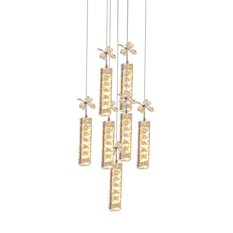 Cut Crystal Linear and Flower Drop Lamp Modern LED Multi Pendant Light with Round/Linear Canopy in Chrome Clearhalo 'Ceiling Lights' 'Modern Pendants' 'Modern' 'Pendant Lights' 'Pendants' Lighting' 1724727
