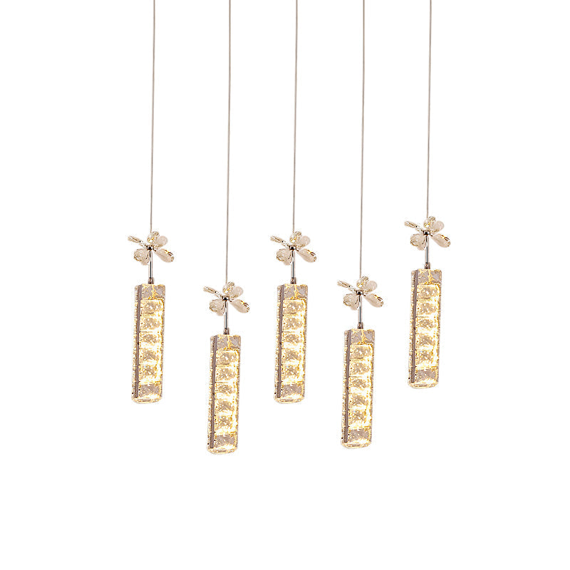Cut Crystal Linear and Flower Drop Lamp Modern LED Multi Pendant Light with Round/Linear Canopy in Chrome Clearhalo 'Ceiling Lights' 'Modern Pendants' 'Modern' 'Pendant Lights' 'Pendants' Lighting' 1724732
