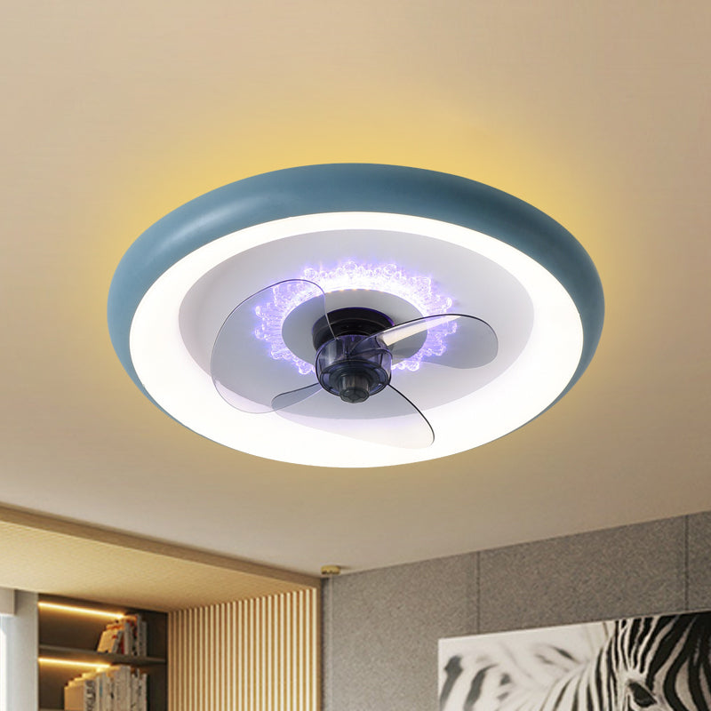 Metal Doughnut Ceiling Fan Lamp Macaron LED Semi Flush Light in Black/Red/Blue with 3-Blade, 19.5" Wide Blue Clearhalo 'Ceiling Fans with Lights' 'Ceiling Fans' 'Kids Ceiling Fans' 'Kids' Lighting' 1724821