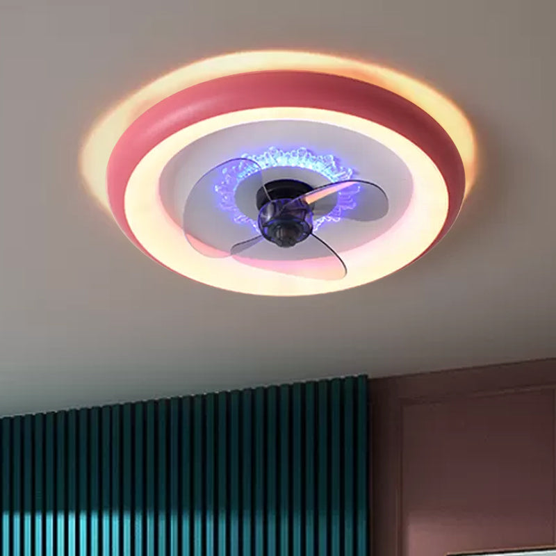 Metal Doughnut Ceiling Fan Lamp Macaron LED Semi Flush Light in Black/Red/Blue with 3-Blade, 19.5" Wide Red Clearhalo 'Ceiling Fans with Lights' 'Ceiling Fans' 'Kids Ceiling Fans' 'Kids' Lighting' 1724829