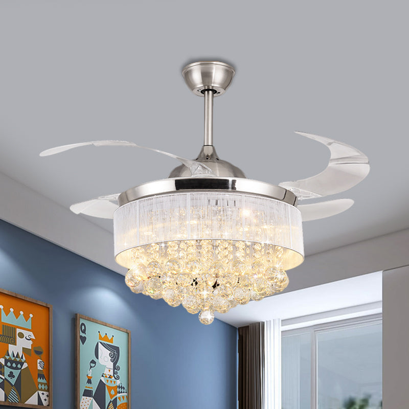 Modern Cascading Semi Flush Light Crystal Ball Living Room LED Pendant Fan Lamp in Chrome with 4-Blade, 19