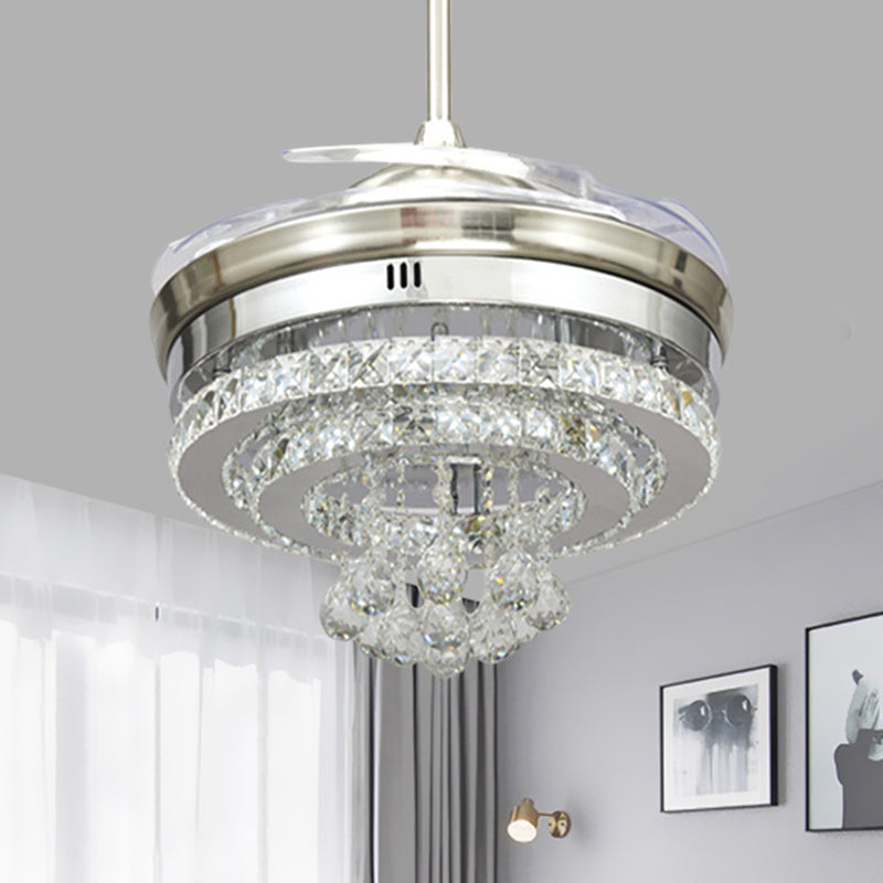 Minimalist LED Pendant Fan Light Chrome Circle 4 Blades Semi Flush Mount with Beveled Crystal Shade, 19
