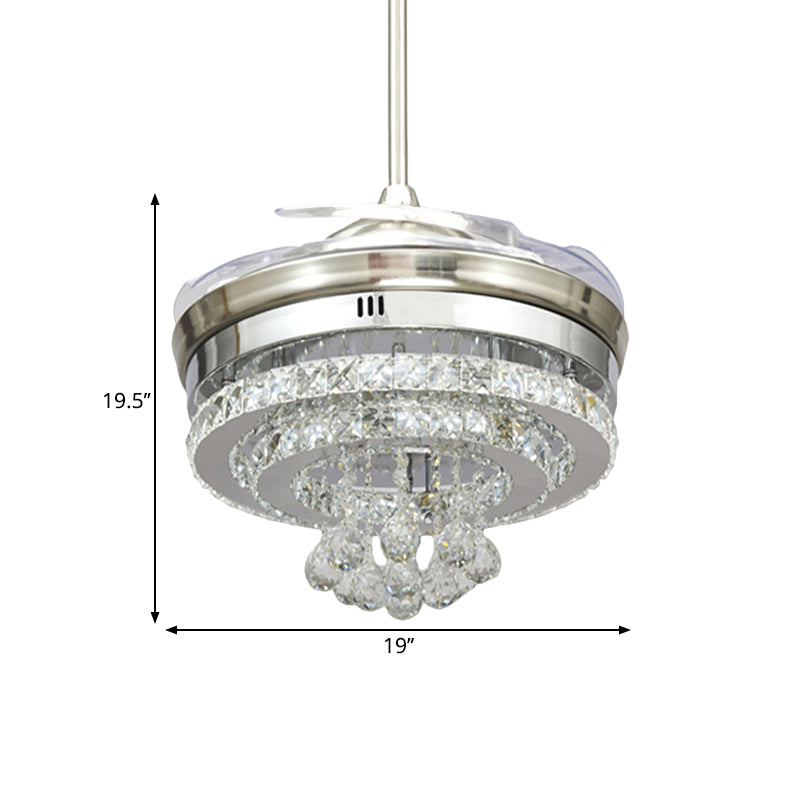 Minimalist LED Pendant Fan Light Chrome Circle 4 Blades Semi Flush Mount with Beveled Crystal Shade, 19
