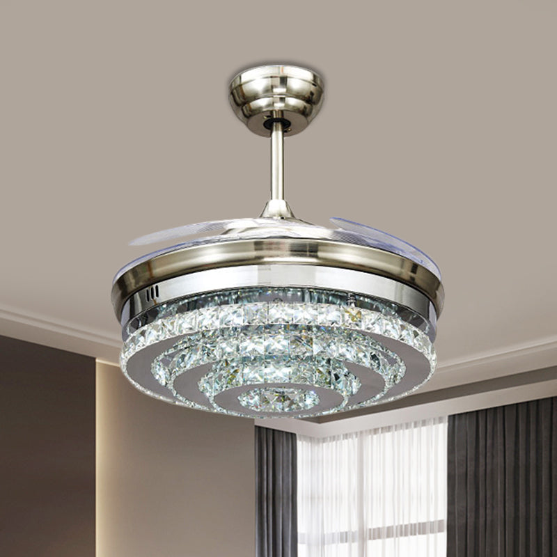 Tiered Round Crystal Block Semi Flush Modernism LED Chrome Pendant Fan Light Fixture, 19