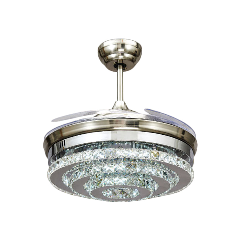 Tiered Round Crystal Block Semi Flush Modernism LED Chrome Pendant Fan Light Fixture, 19