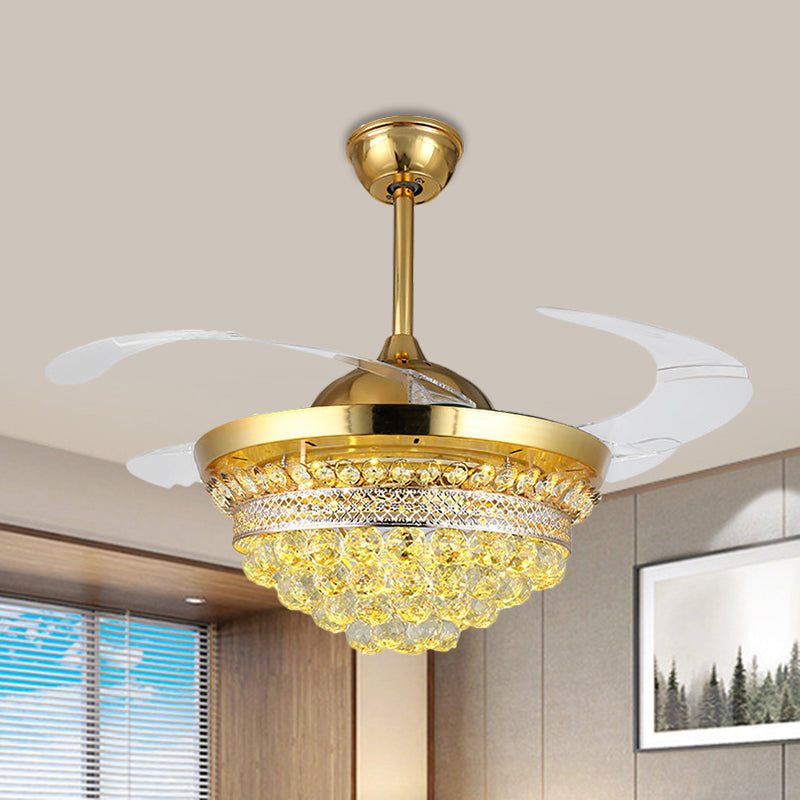 4 Blades Simple Conic Pendant Fan Lamp Crystal Ball LED Parlor Semi Flush Light Fixture in Gold, 19