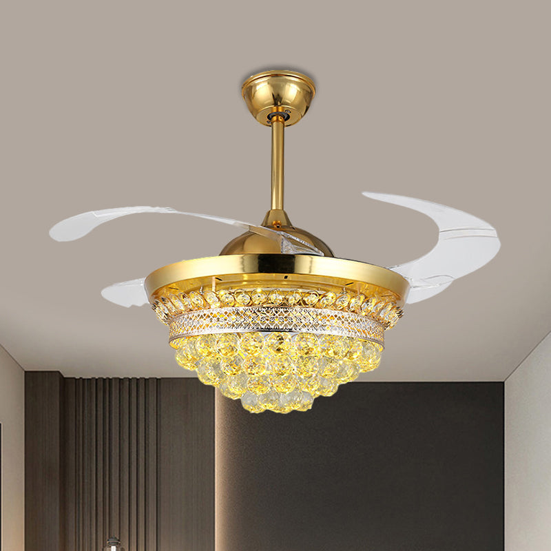 4 Blades Simple Conic Pendant Fan Lamp Crystal Ball LED Parlor Semi Flush Light Fixture in Gold, 19