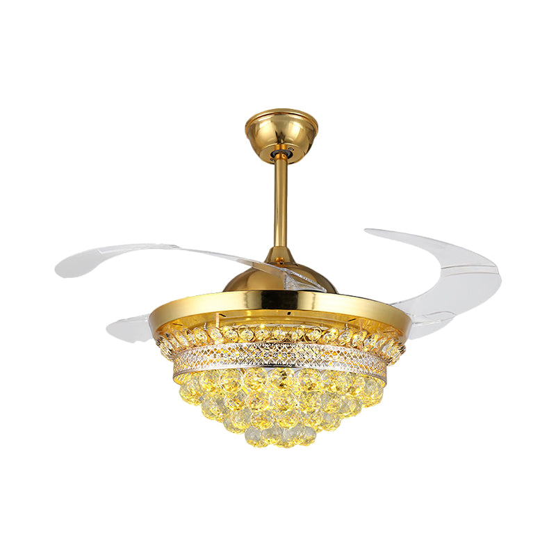 4 Blades Simple Conic Pendant Fan Lamp Crystal Ball LED Parlor Semi Flush Light Fixture in Gold, 19