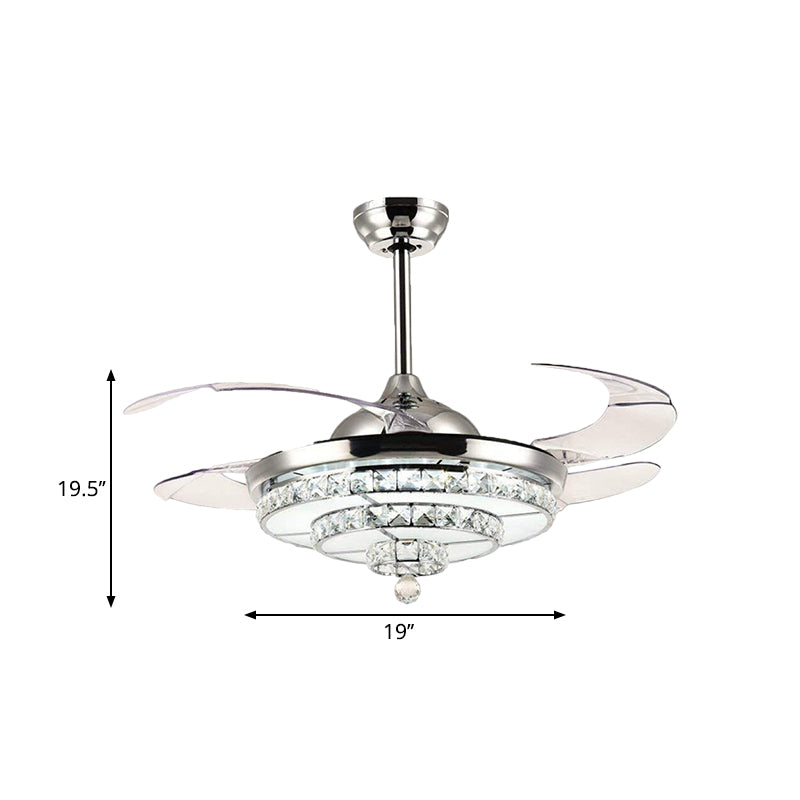 4-Blade Chrome LED Tiered Semi Flush Contemporary Crystal Block Ceiling Fan Lighting Fixture, 19
