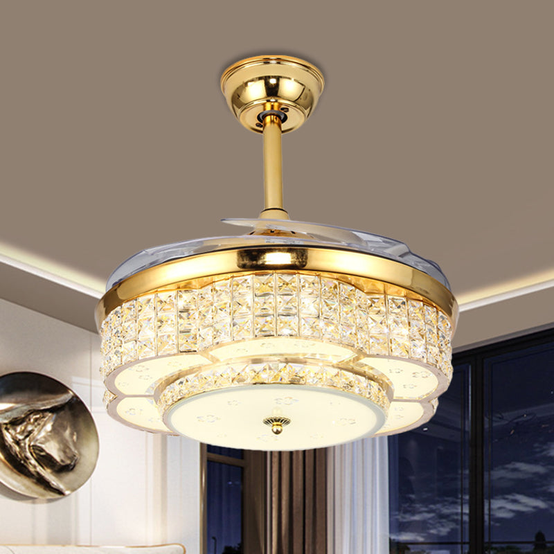 Flower Drawing Room Pendant Fan Lighting Faceted Crystal LED Modernism Semi Flush Light in Gold with 4-Blade, 19