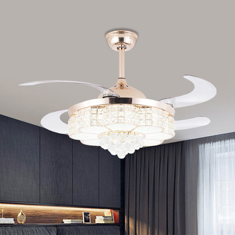 4 Blades Gold LED Floral Semi Flush Simple Crystal Block Pendant Fan Light Fixture, 19" Width Gold Clearhalo 'Ceiling Fans with Lights' 'Ceiling Fans' 'Modern Ceiling Fans' 'Modern' Lighting' 1724961