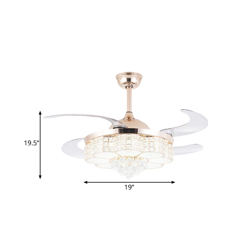 4 Blades Gold LED Floral Semi Flush Simple Crystal Block Pendant Fan Light Fixture, 19