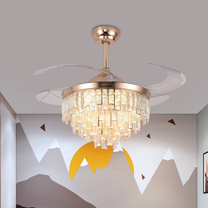 Tapered LED Semi Flush Mount Simplicity Crystal Rectangle Rose Gold 4-Blade Hanging Fan Lamp, 19