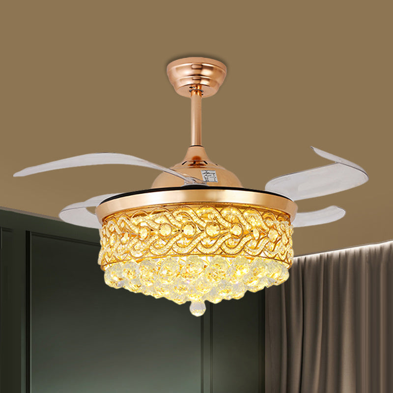 4-Blade LED Parlor Pendant Fan Lamp Modern Gold/Silver Semi Flush Light with Round Cut Crystal Shade, 19