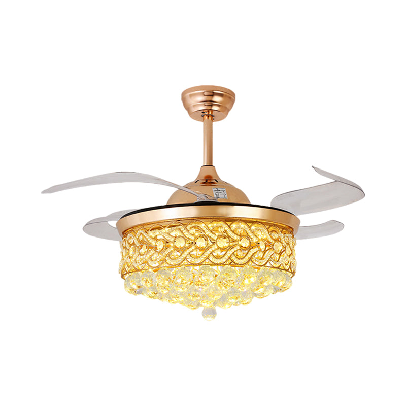 4-Blade LED Parlor Pendant Fan Lamp Modern Gold/Silver Semi Flush Light with Round Cut Crystal Shade, 19