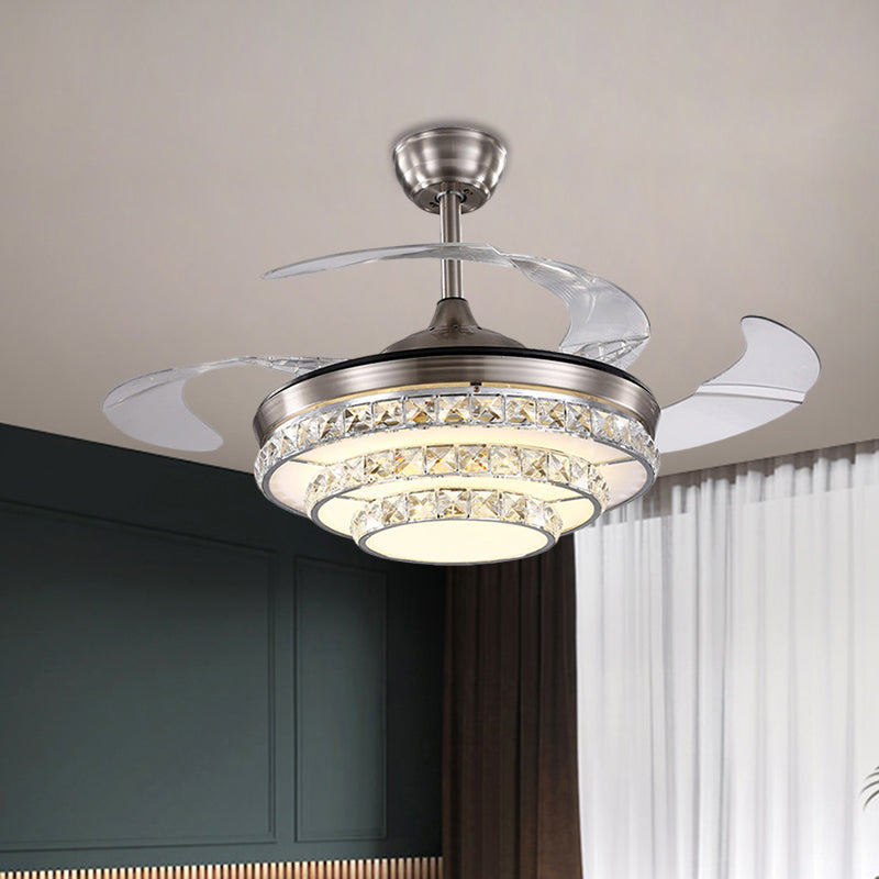 Modernism 3-Tier Ceiling Fan Lamp Crystal Block Drawing Room LED Semi Flush in Chrome with 4 Blades, 19" Wide Clearhalo 'Ceiling Fans with Lights' 'Ceiling Fans' 'Modern Ceiling Fans' 'Modern' Lighting' 1724995