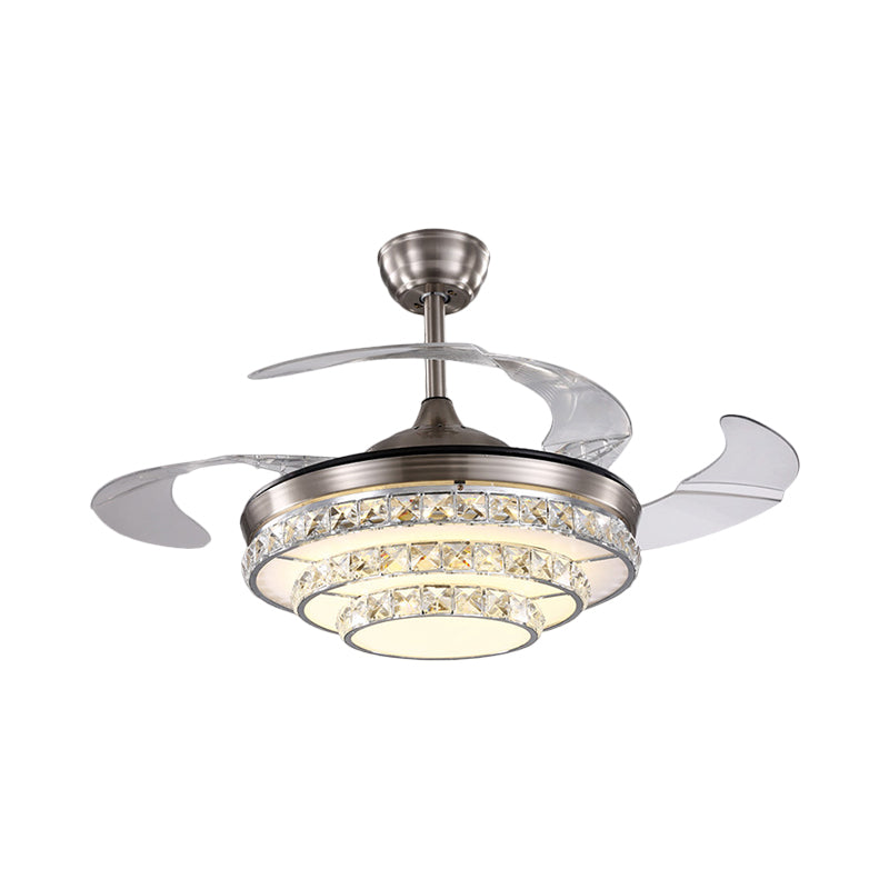 Modernism 3-Tier Ceiling Fan Lamp Crystal Block Drawing Room LED Semi Flush in Chrome with 4 Blades, 19