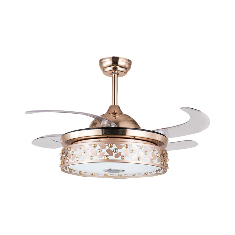 Copper LED Circular Semi Flush Lamp Simplicity Acrylic 4-Blade Hanging Fan Light with Crystal Deco, 19