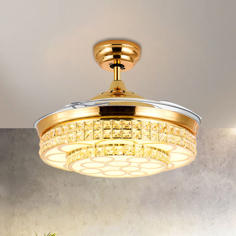 4-Blade Simple LED Pendant Fan Lighting Gold Circle Semi-Flush Mount with Crystal Shade, 19" Width Clearhalo 'Ceiling Fans with Lights' 'Ceiling Fans' 'Modern Ceiling Fans' 'Modern' Lighting' 1725011