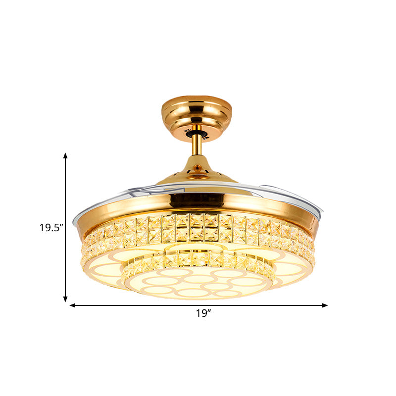 4-Blade Simple LED Pendant Fan Lighting Gold Circle Semi-Flush Mount with Crystal Shade, 19" Width Clearhalo 'Ceiling Fans with Lights' 'Ceiling Fans' 'Modern Ceiling Fans' 'Modern' Lighting' 1725013