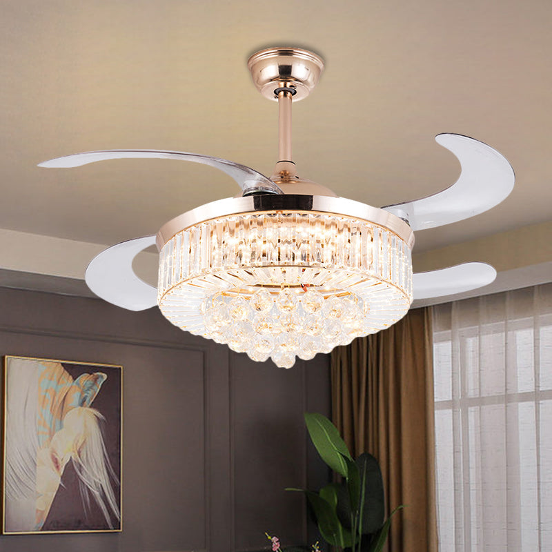 Drum Clear Crystal Semi Flush Mount Minimalist 19" Width LED Gold Pendant Fan Light with 4 Blades Gold Clearhalo 'Ceiling Fans with Lights' 'Ceiling Fans' 'Modern Ceiling Fans' 'Modern' Lighting' 1725014