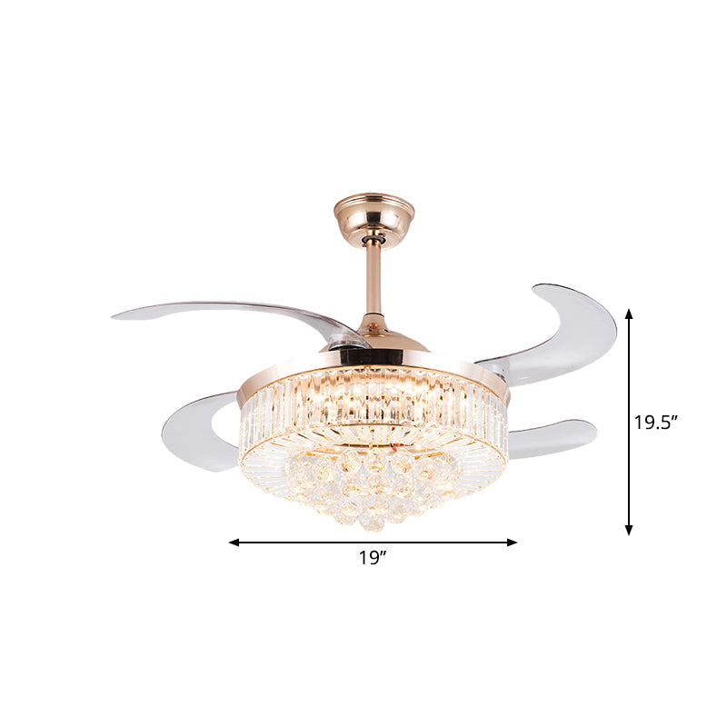 Drum Clear Crystal Semi Flush Mount Minimalist 19" Width LED Gold Pendant Fan Light with 4 Blades Clearhalo 'Ceiling Fans with Lights' 'Ceiling Fans' 'Modern Ceiling Fans' 'Modern' Lighting' 1725017