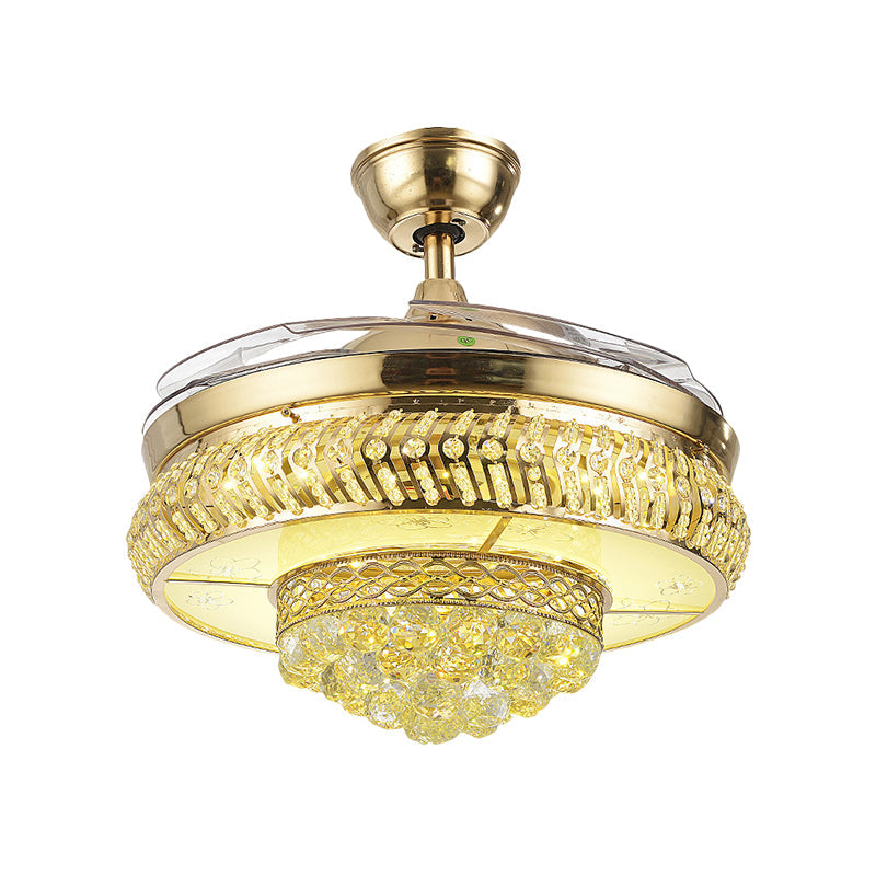 Circular Great Room Ceiling Fan Light Faceted Crystal 19" W LED Simple Semi Flush Lamp in Gold, 4-Blade Clearhalo 'Ceiling Fans with Lights' 'Ceiling Fans' 'Modern Ceiling Fans' 'Modern' Lighting' 1725020