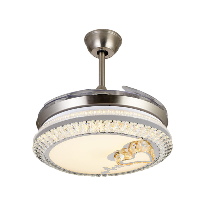 Circle Semi Flush Light Modern Crystal 19" W LED Chrome Ceiling Fan Lighting with Loving Heart/Flower Design, 4 Blades Clearhalo 'Ceiling Fans with Lights' 'Ceiling Fans' 'Modern Ceiling Fans' 'Modern' Lighting' 1725024