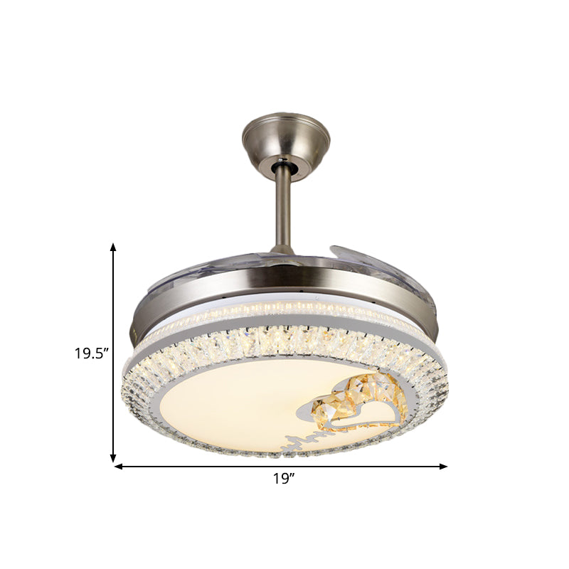 Circle Semi Flush Light Modern Crystal 19" W LED Chrome Ceiling Fan Lighting with Loving Heart/Flower Design, 4 Blades Clearhalo 'Ceiling Fans with Lights' 'Ceiling Fans' 'Modern Ceiling Fans' 'Modern' Lighting' 1725025