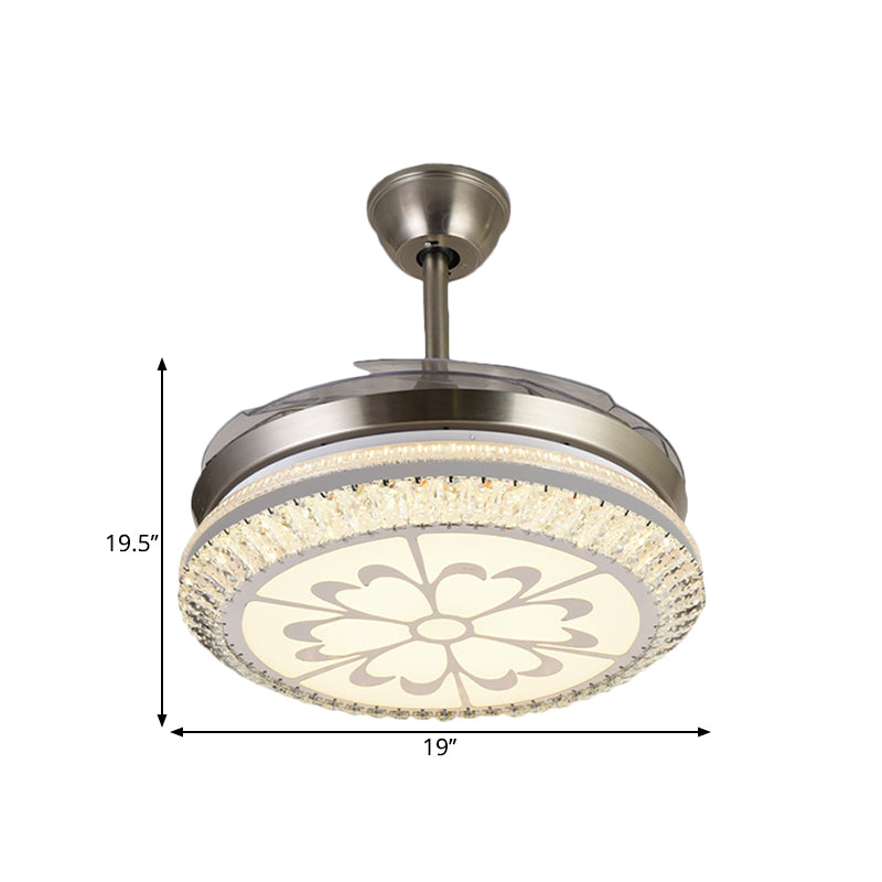 Circle Semi Flush Light Modern Crystal 19" W LED Chrome Ceiling Fan Lighting with Loving Heart/Flower Design, 4 Blades Clearhalo 'Ceiling Fans with Lights' 'Ceiling Fans' 'Modern Ceiling Fans' 'Modern' Lighting' 1725030