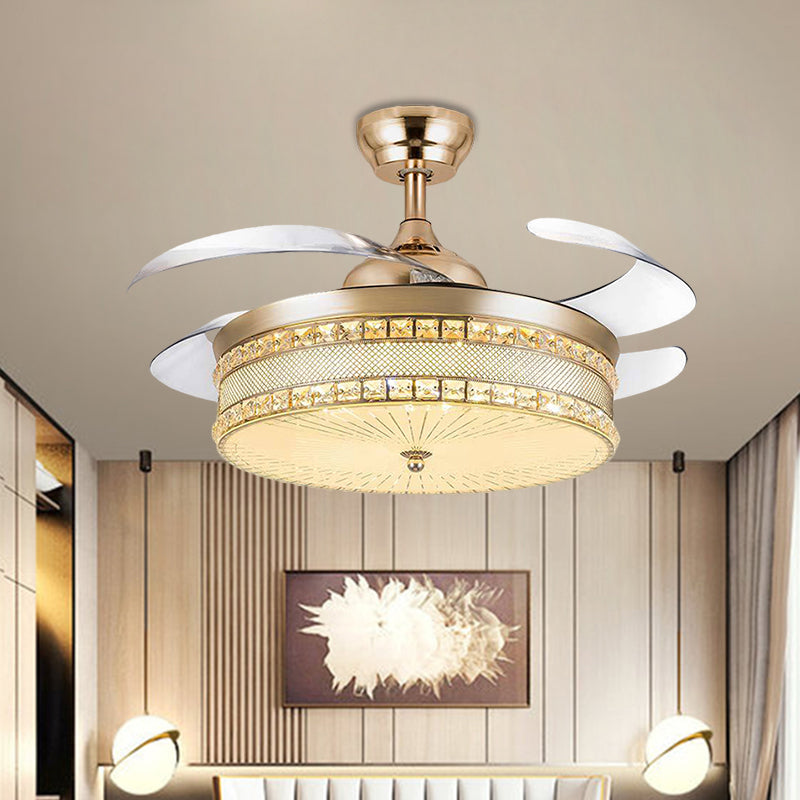19" W LED Bedroom Hanging Fan Lamp Simple Gold 4 Blades Semi Flush Lighting with Drum Crystal Shade Clearhalo 'Ceiling Fans with Lights' 'Ceiling Fans' 'Modern Ceiling Fans' 'Modern' Lighting' 1725032