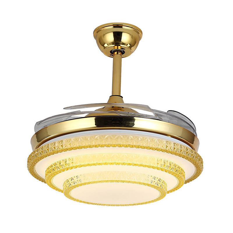 3-Tier Great Room Ceiling Fan Lamp Hand-Cut Crystal LED Contemporary Semi Flush Light in Gold with 4 Blades, 19
