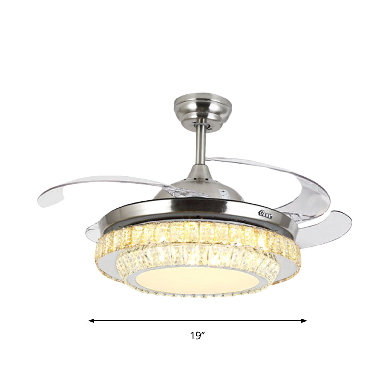 Modernism 3-Tier Round Semi Flush Crystal Block LED Parlor Ceiling Fan Light in Nickel with 4-Blade, 19