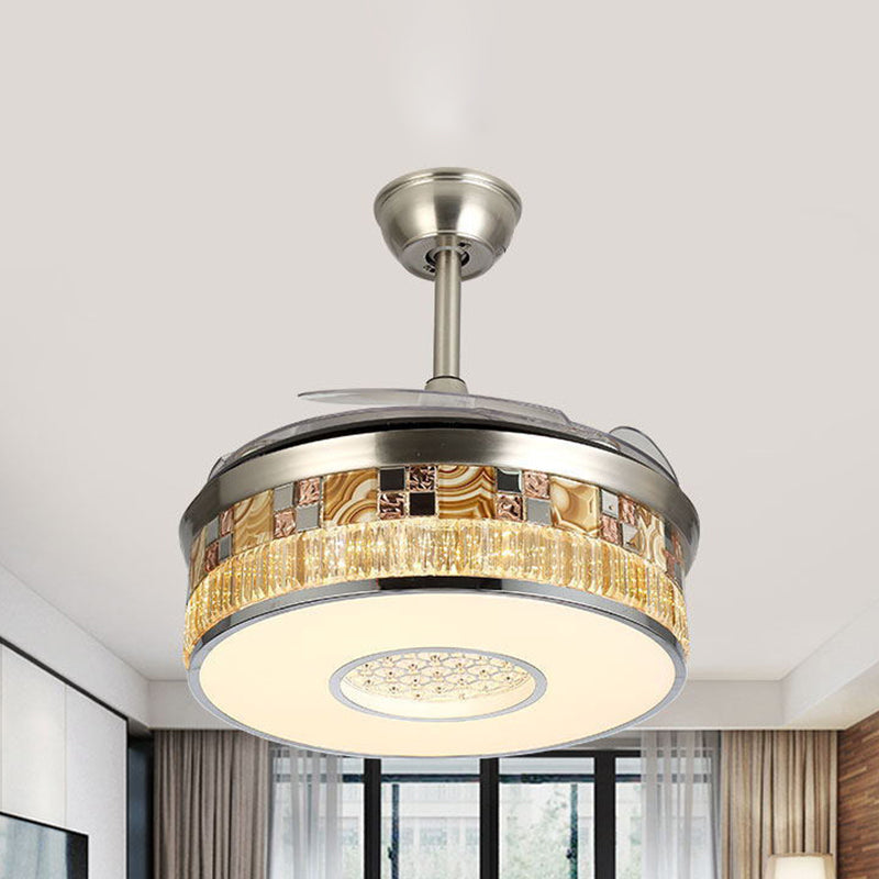 19" W LED Parlor Semi Flush Mount Minimalism Nickel 4 Blades Hanging Fan Lamp with Drum Crystal Shade Clearhalo 'Ceiling Fans with Lights' 'Ceiling Fans' 'Modern Ceiling Fans' 'Modern' Lighting' 1725069