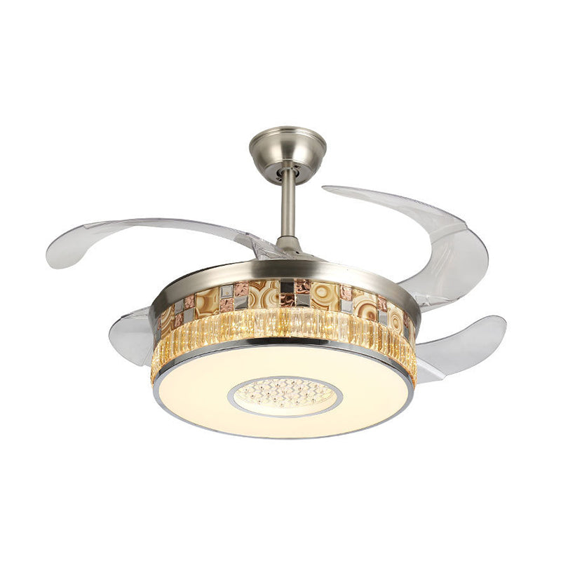 19" W LED Parlor Semi Flush Mount Minimalism Nickel 4 Blades Hanging Fan Lamp with Drum Crystal Shade Clearhalo 'Ceiling Fans with Lights' 'Ceiling Fans' 'Modern Ceiling Fans' 'Modern' Lighting' 1725070