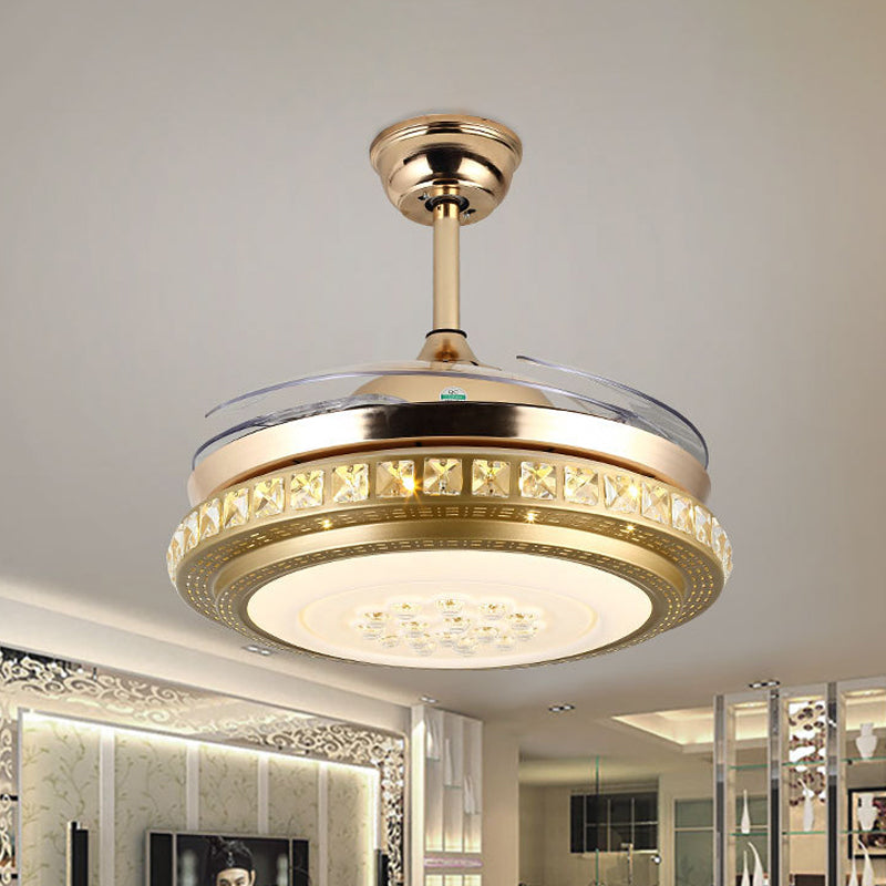 Crystal Block Circle Semi Flush Simple 19" Width LED Pendant Fan Light in Gold with 4 Blades Clearhalo 'Ceiling Fans with Lights' 'Ceiling Fans' 'Modern Ceiling Fans' 'Modern' Lighting' 1725077