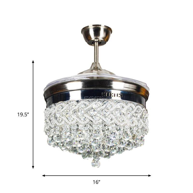 Crystal Orbs Tapered Semi Flush Light Modernism LED Silver Ceiling Fan Lamp with 4-Blade, 16
