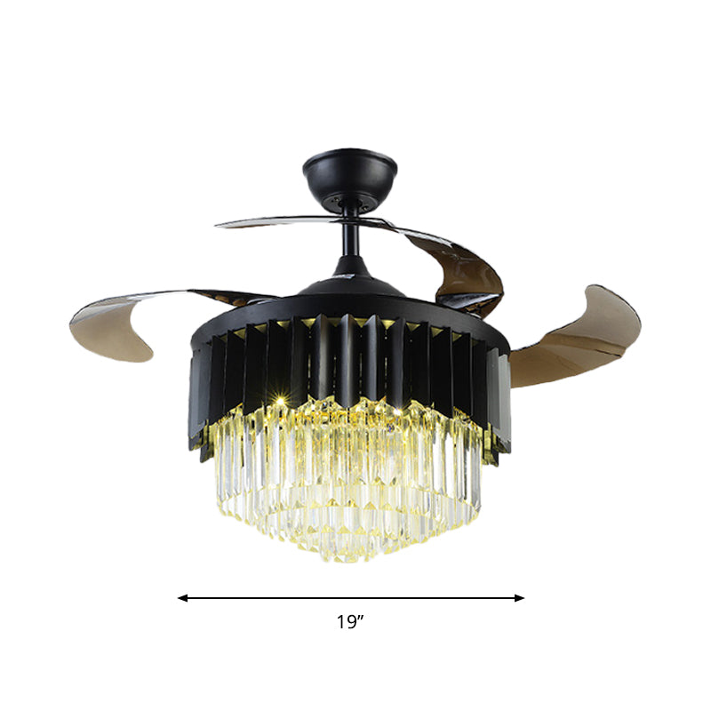 4 Blades Modernism LED Pendant Fan Lamp Black Tiered Semi Flush Mount Light with Crystal Prisms Shade, 19