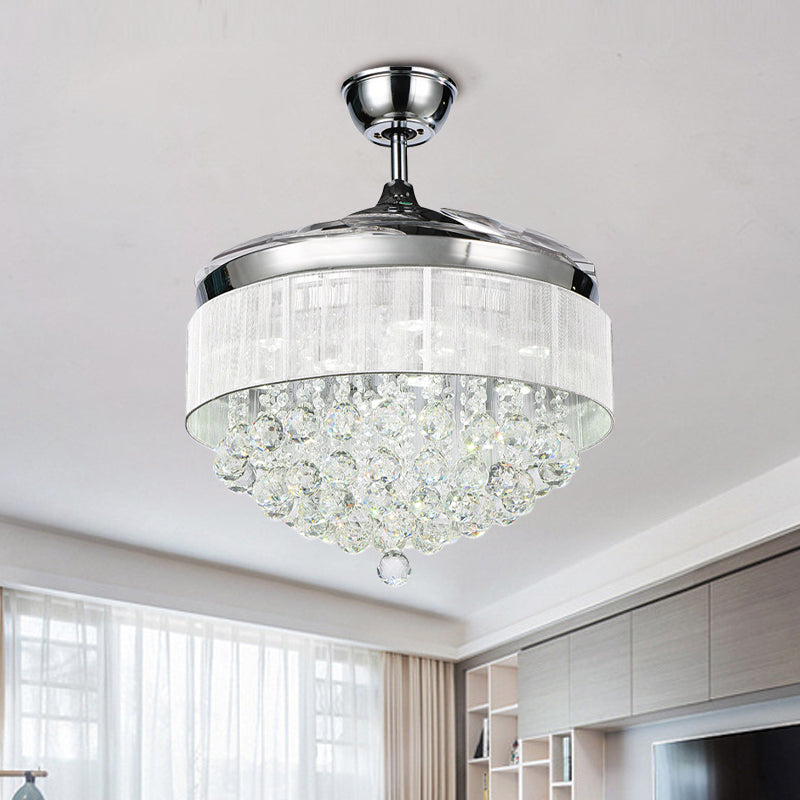 4-Blade LED Parlor Semi Mount Lighting Minimalist White Ceiling Fan Lamp with Tapered Crystal Strands Shade, 19