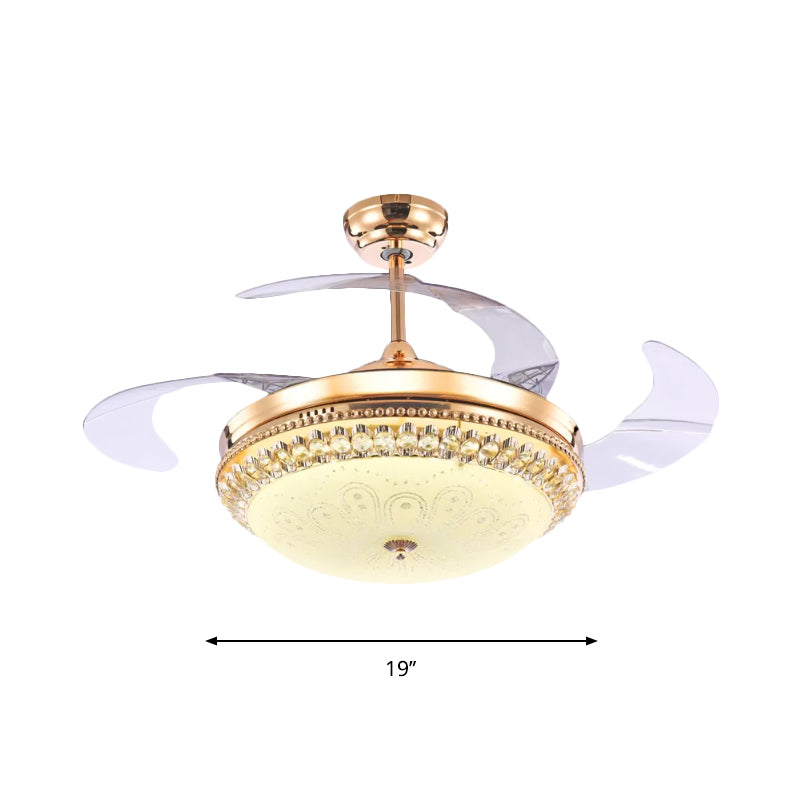 Gold LED Dome Hanging Fan Lamp Fixture Minimalism Frosted Glass 3 Blades Semi Mount Lighting, 19