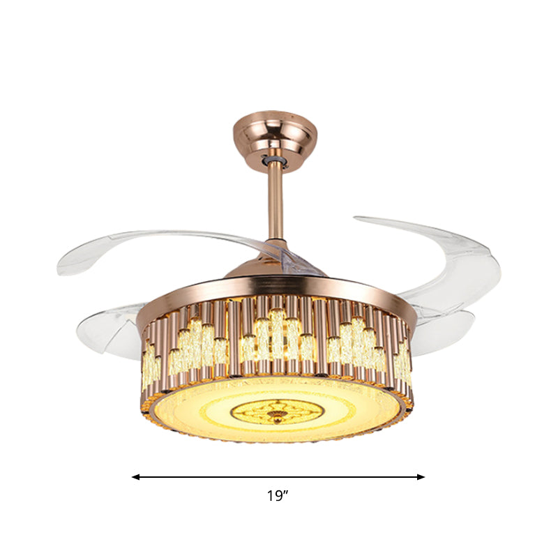 19" W Drum Parlor Pendant Fan Light Faceted Crystal LED Modernism Semi Flush Lighting in Gold, 4-Blade Clearhalo 'Ceiling Fans with Lights' 'Ceiling Fans' 'Modern Ceiling Fans' 'Modern' Lighting' 1725142