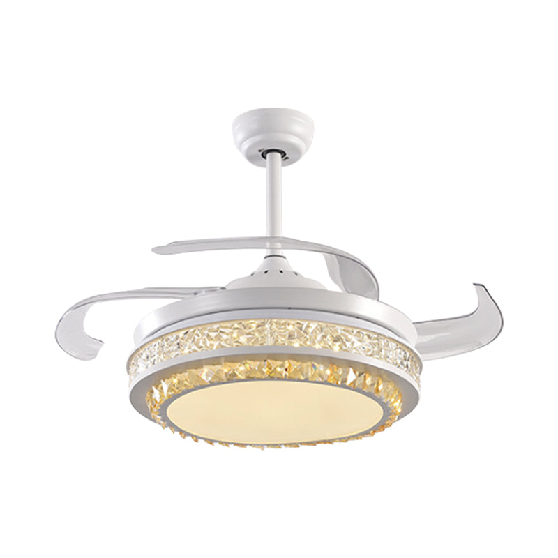 Hand-Cut Crystal Round Semi Flush Mount Modern 19" W LED White Pendant Fan Light Fixture with 4 Blades Clearhalo 'Ceiling Fans with Lights' 'Ceiling Fans' 'Modern Ceiling Fans' 'Modern' Lighting' 1725150