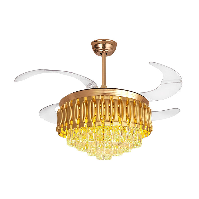 Simple Tiered Semi Flush Crystal Rectangle Drawing Room LED Hanging Fan Lamp in Gold with 4-Blade, 19